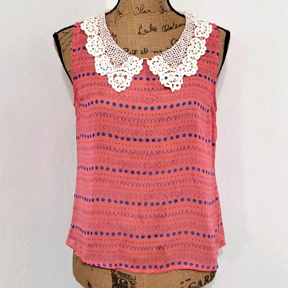 TIMING Semi sheer lacey neck button detail sleeveless top Small EUC